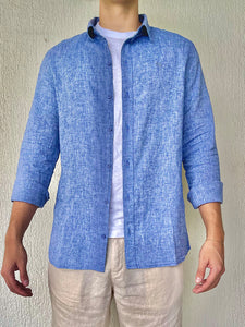 Camisa Manga Larga en Lino Azul